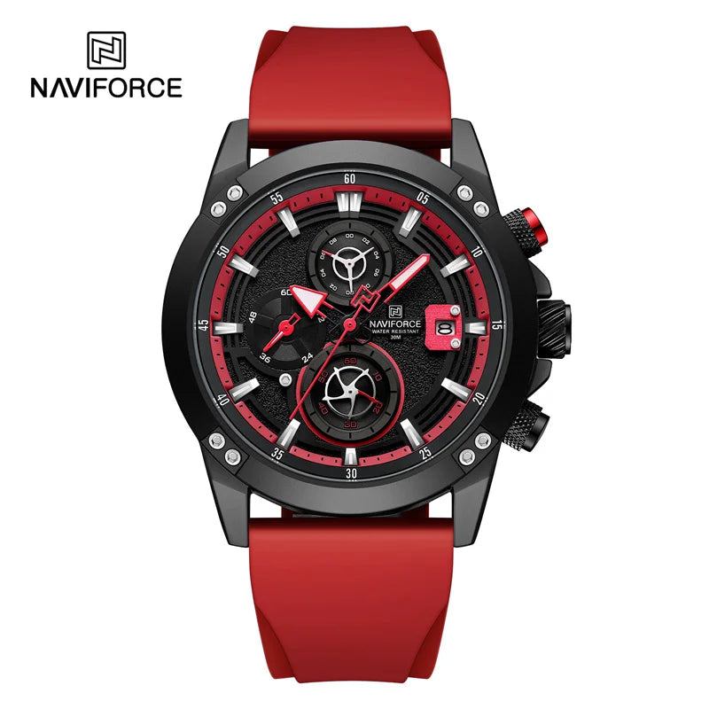 "Red NAVIFORCE Shock-Resistant Watch - A durable watch built for adventure."