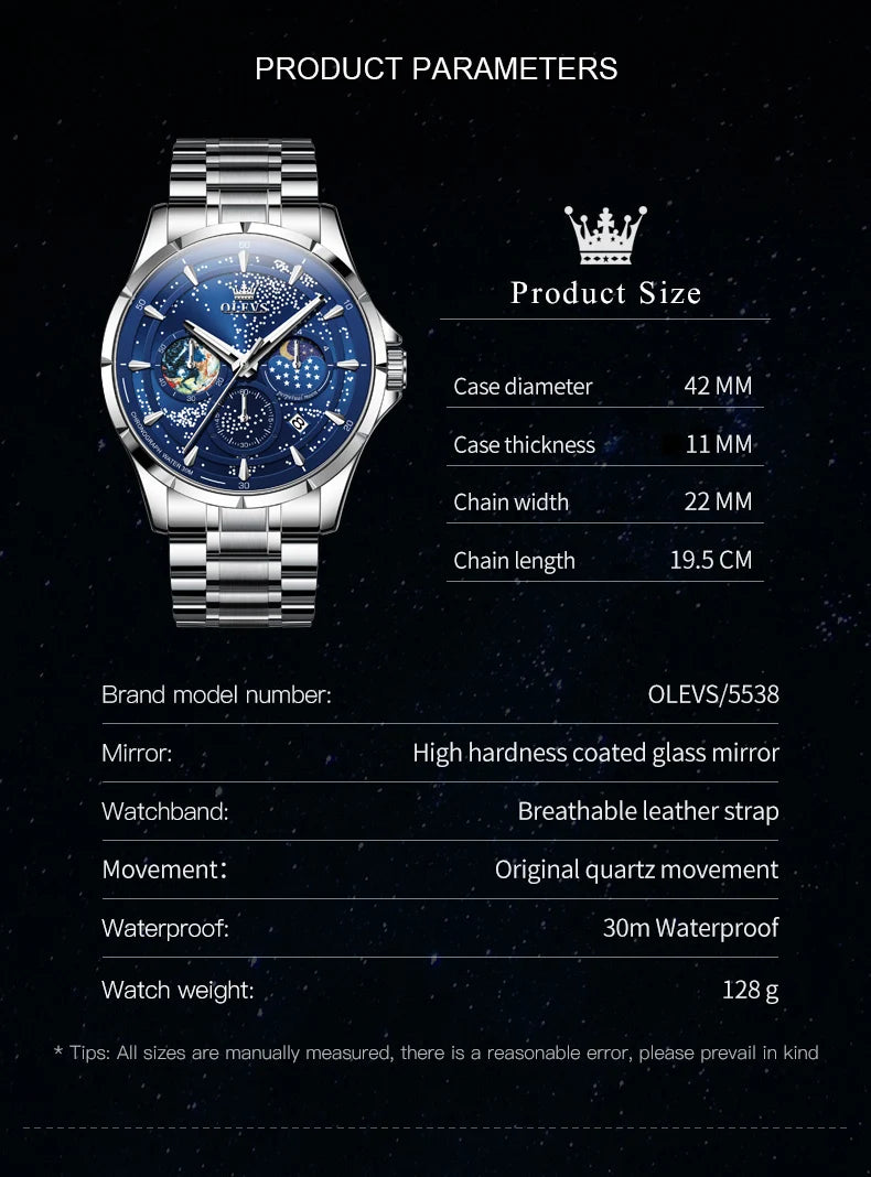 Mens Stainless Steel Quartz Watch - Moon Phase, Date, and Luminous Dial for Business Sophistication