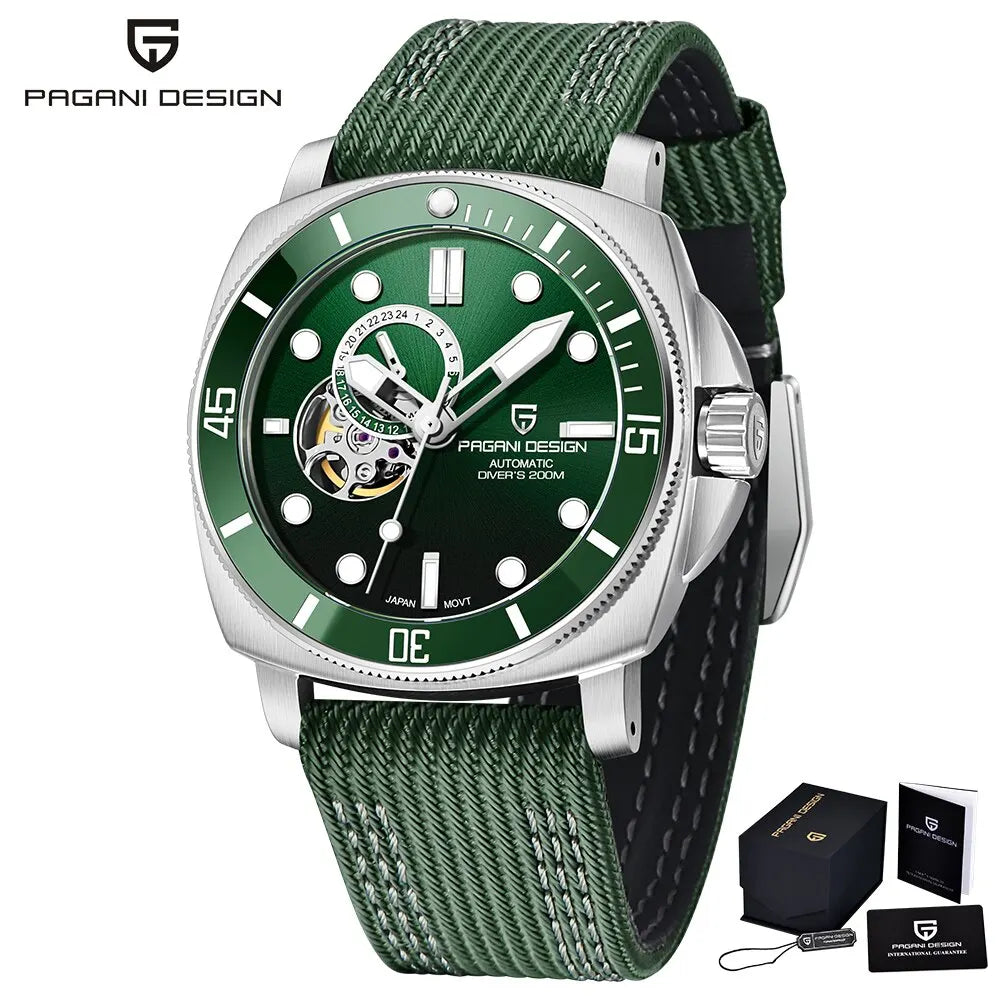 Green color Watch - "Stainless Steel Diver's Mechanical Wristwatch with Sapphire Crystal Dial Window"