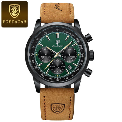 "Green color Quartz watch with luminous display, auto date, chronograph, and complete calendar features. Leather band, stainless steel case, scratch-resistant Hardlex window."