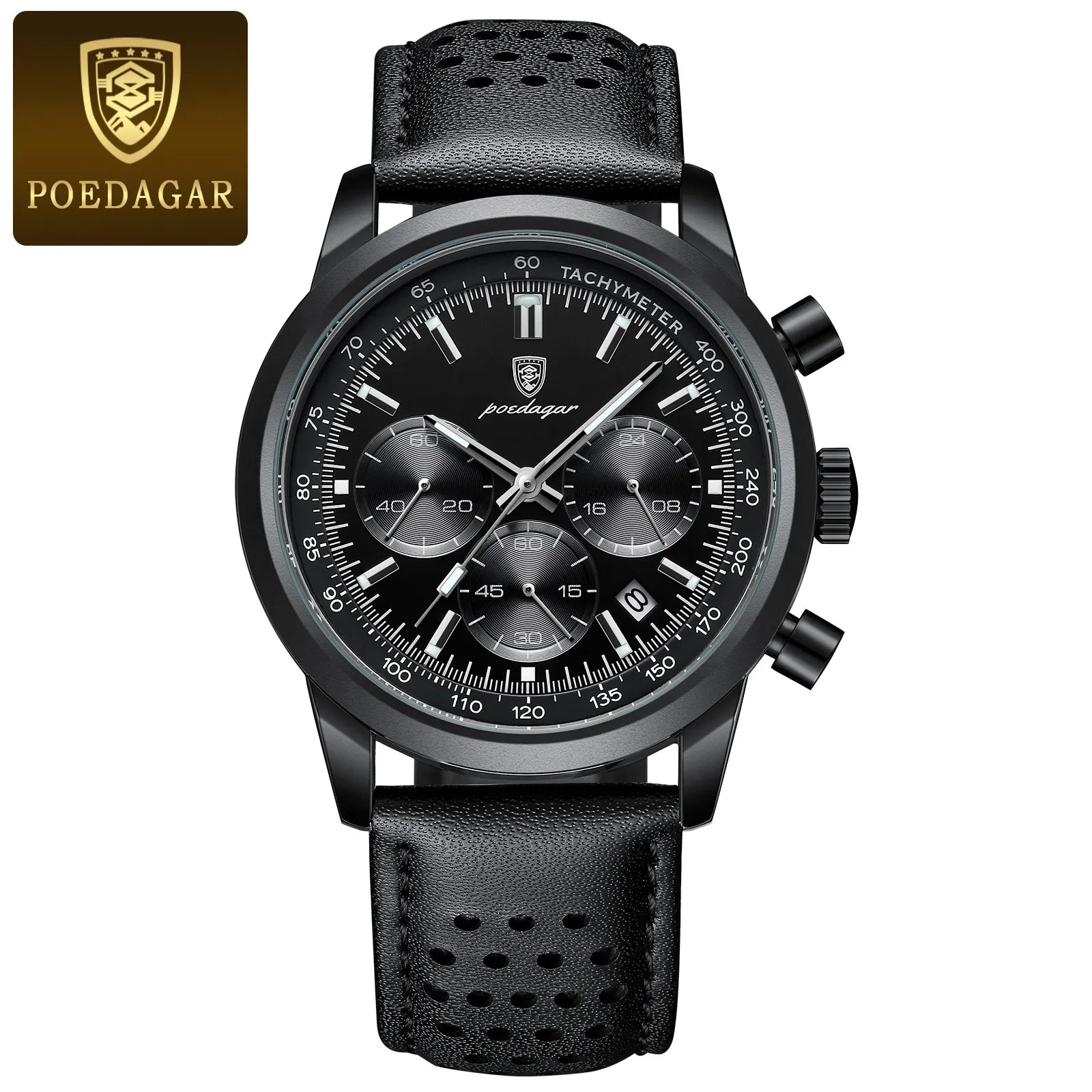 "Black color Quartz watch with luminous display, auto date, chronograph, and complete calendar features. Leather band, stainless steel case, scratch-resistant Hardlex window."