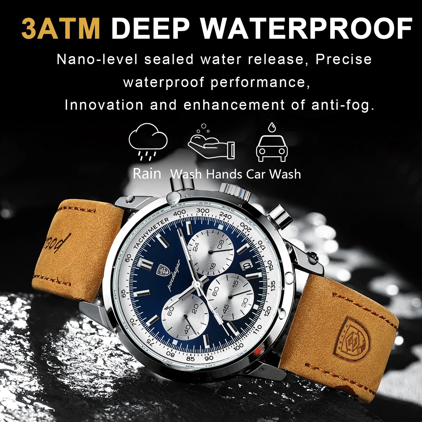 Watch "Quartz wristwatch with luminous display, auto date, chronograph, and complete calendar features. Leather band, stainless steel case, scratch-resistant Hardlex window."