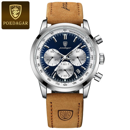 "Blue color Quartz watch with luminous display, auto date, chronograph, and complete calendar features. Leather band, stainless steel case, scratch-resistant Hardlex window."