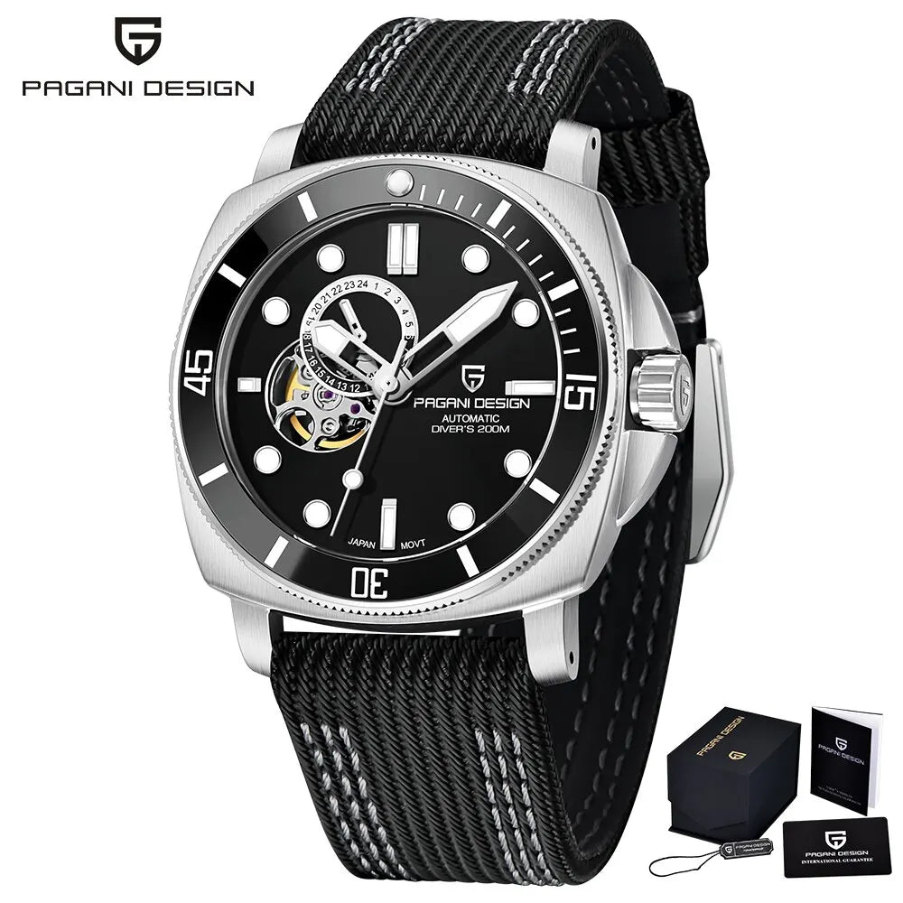 black color - "Stainless Steel Diver's Mechanical Wristwatch with Sapphire Crystal Dial Window"