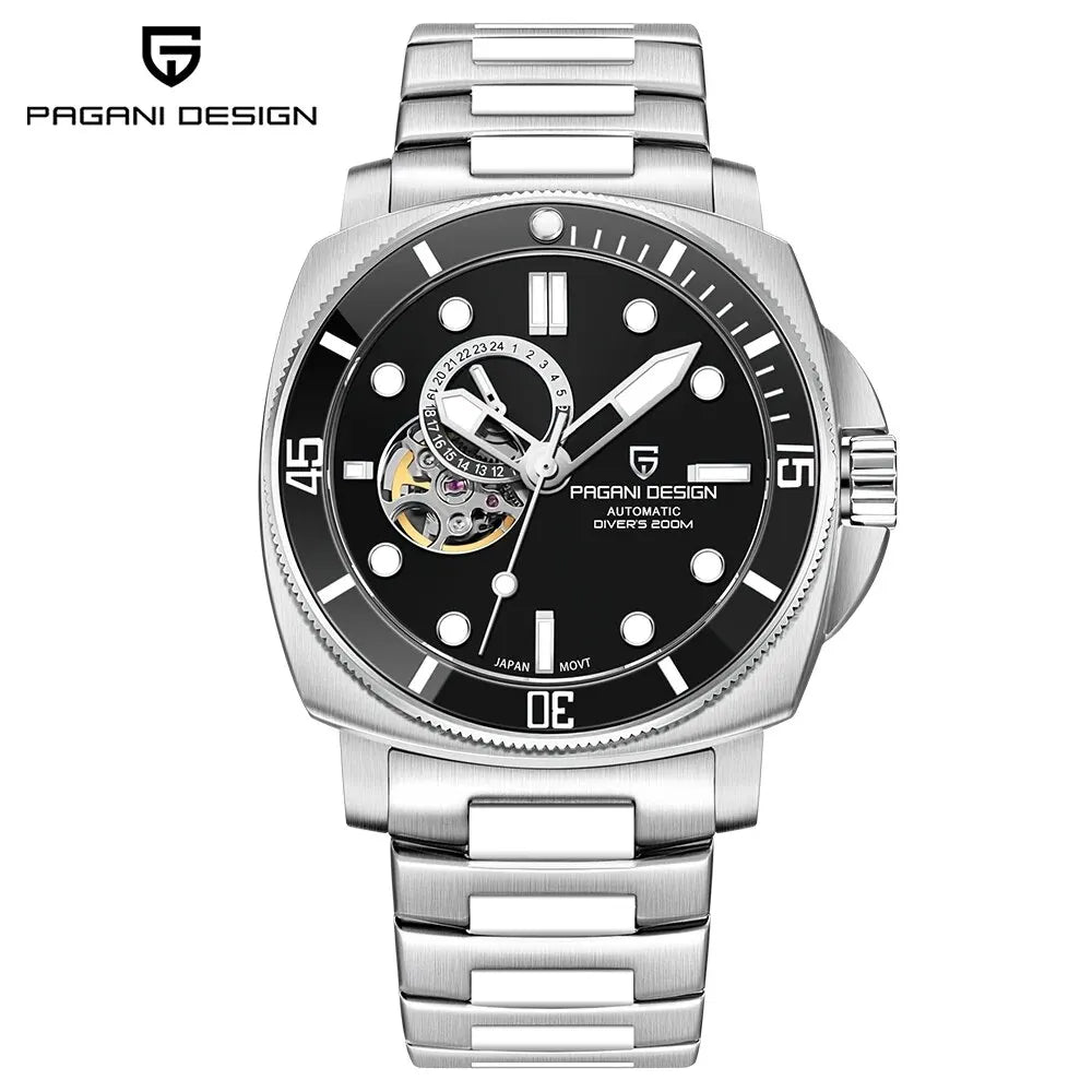 Siver black color - "Stainless Steel Diver's Mechanical Wristwatch with Sapphire Crystal Dial Window"