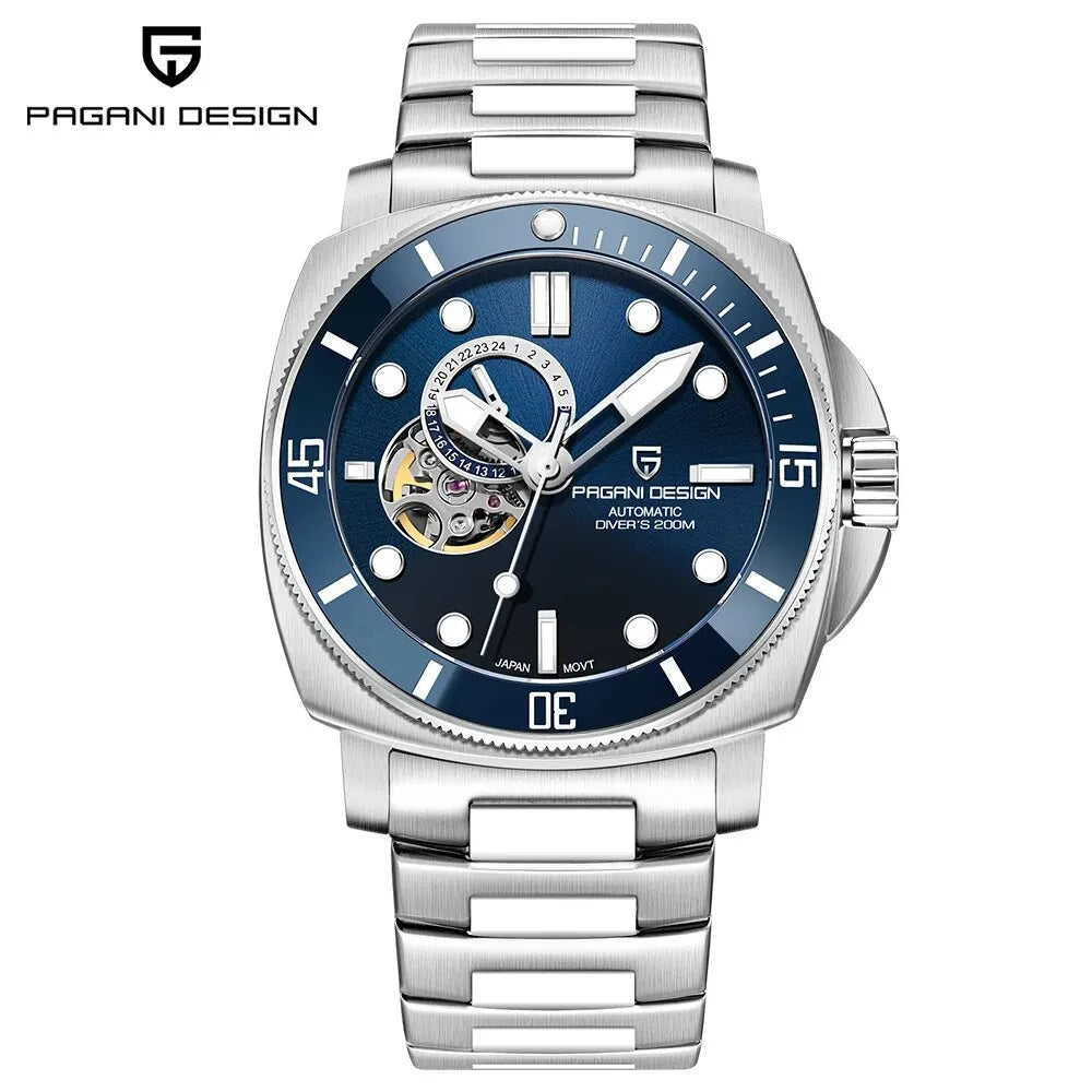 silver blue color Watch - "Stainless Steel Diver's Mechanical Wristwatch with Sapphire Crystal Dial Window"